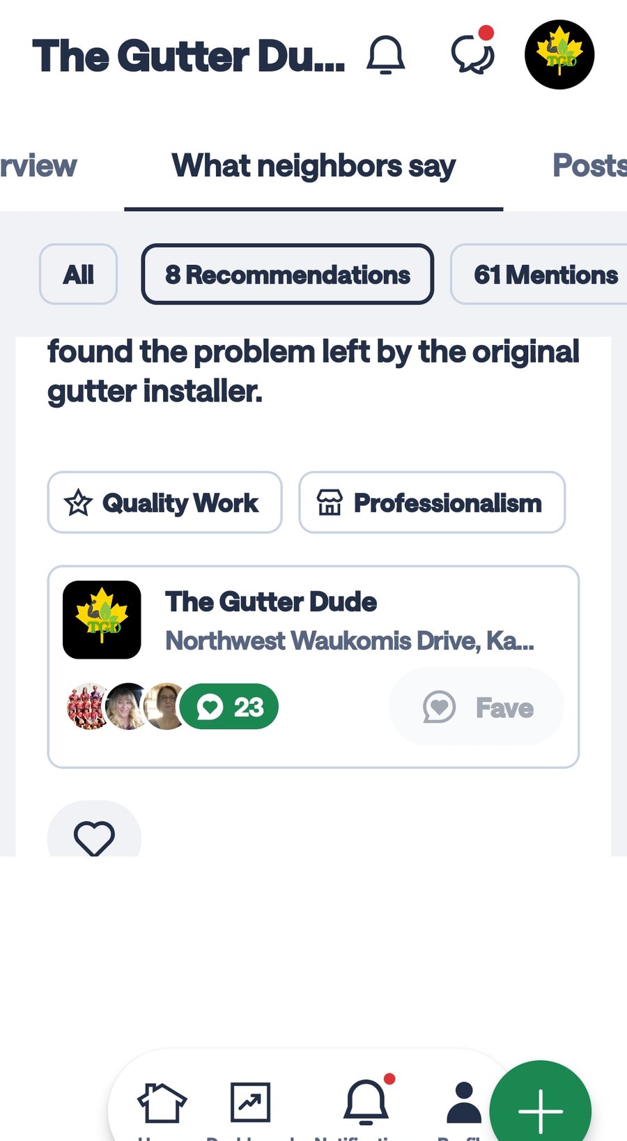 Nextdoor recommendation for The Gutter Dude