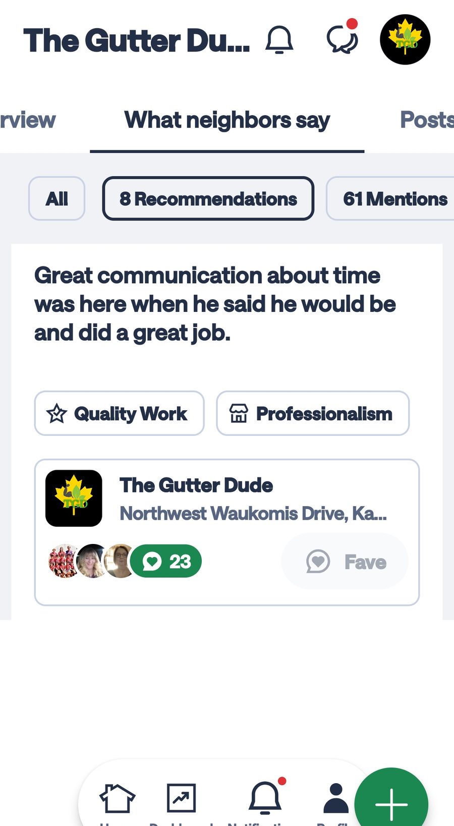 Nextdoor recommendation for The Gutter Dude
