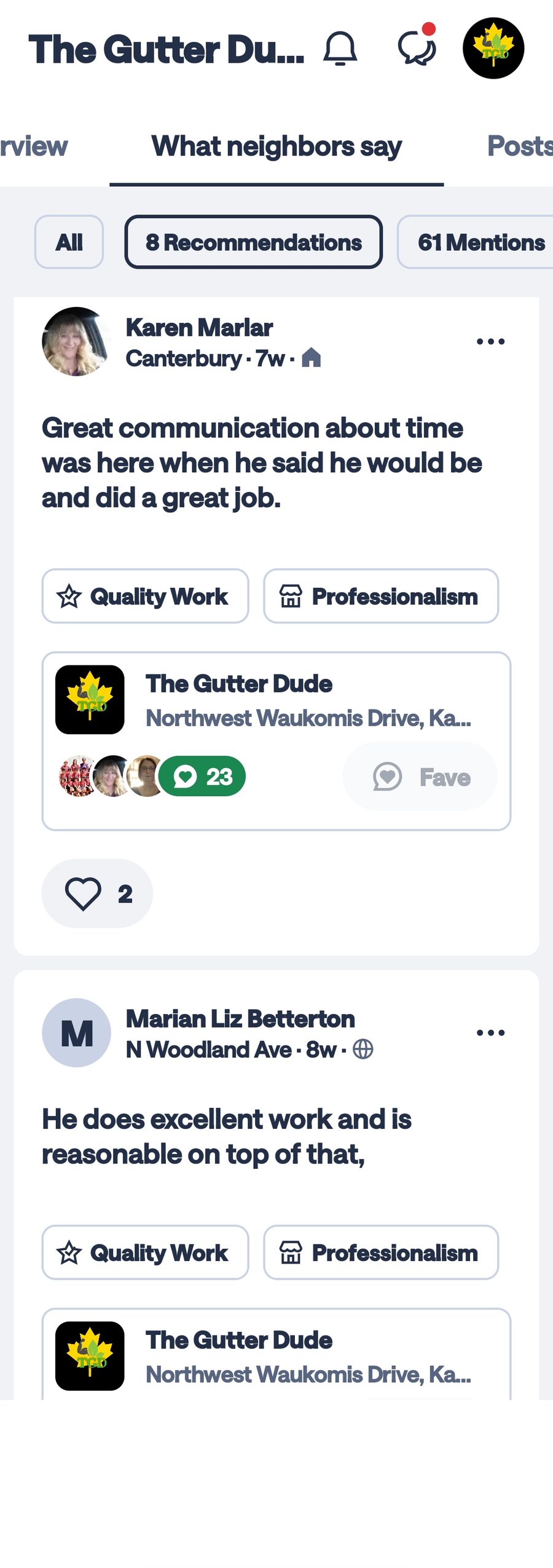 Nextdoor recommendations for The Gutter Dude