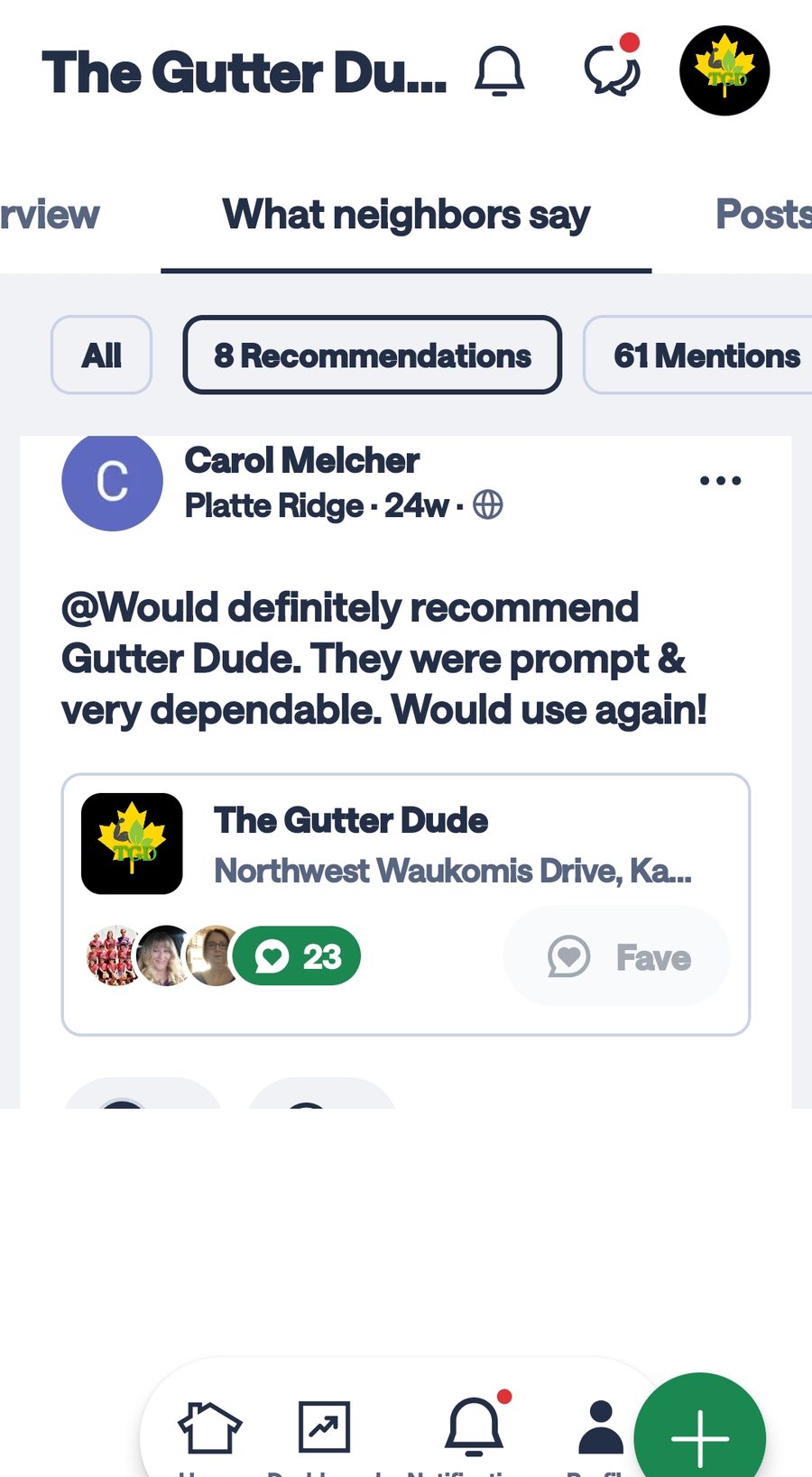 Nextdoor recommendation for The Gutter Dude