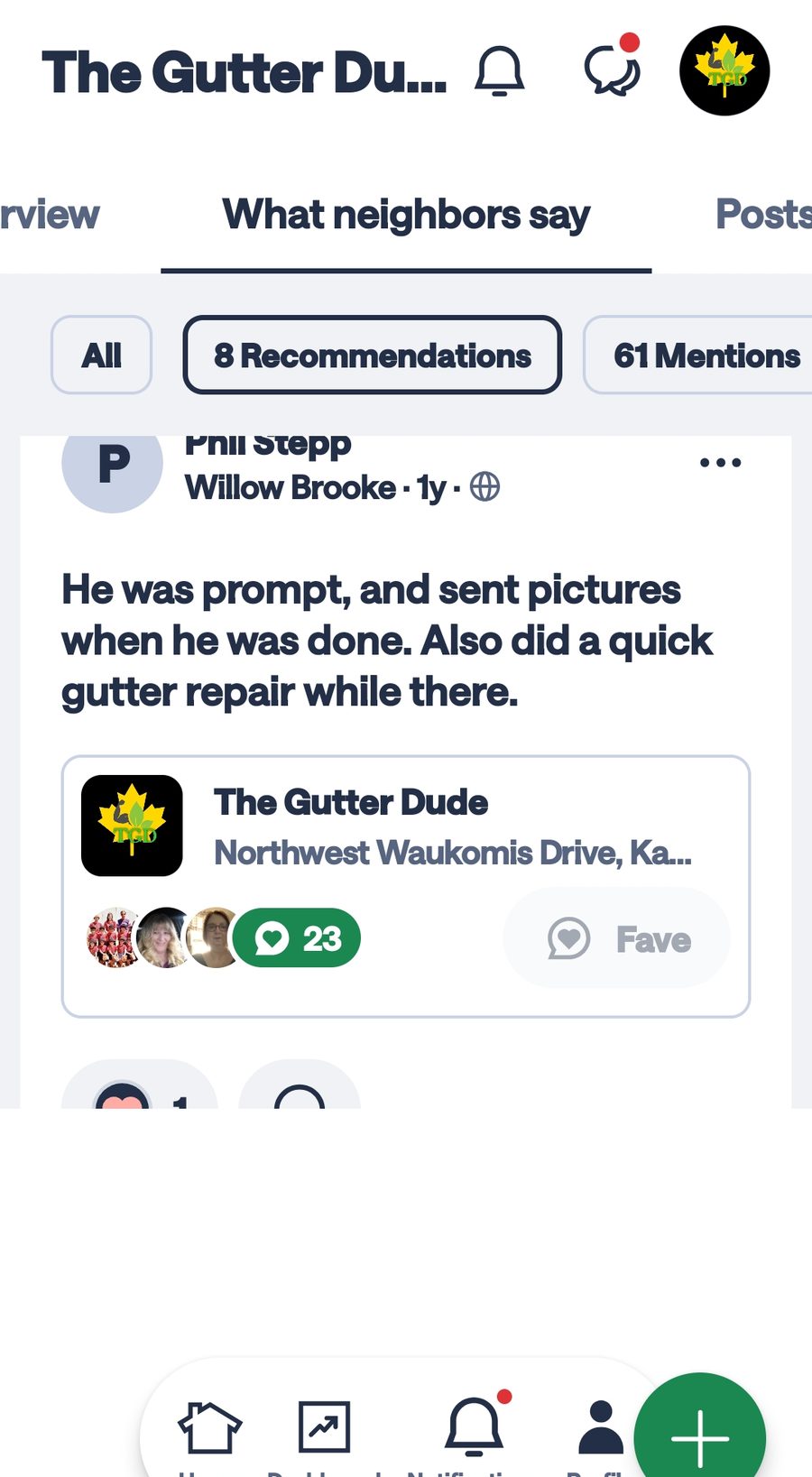 Nextdoor recommendation for The Gutter Dude
