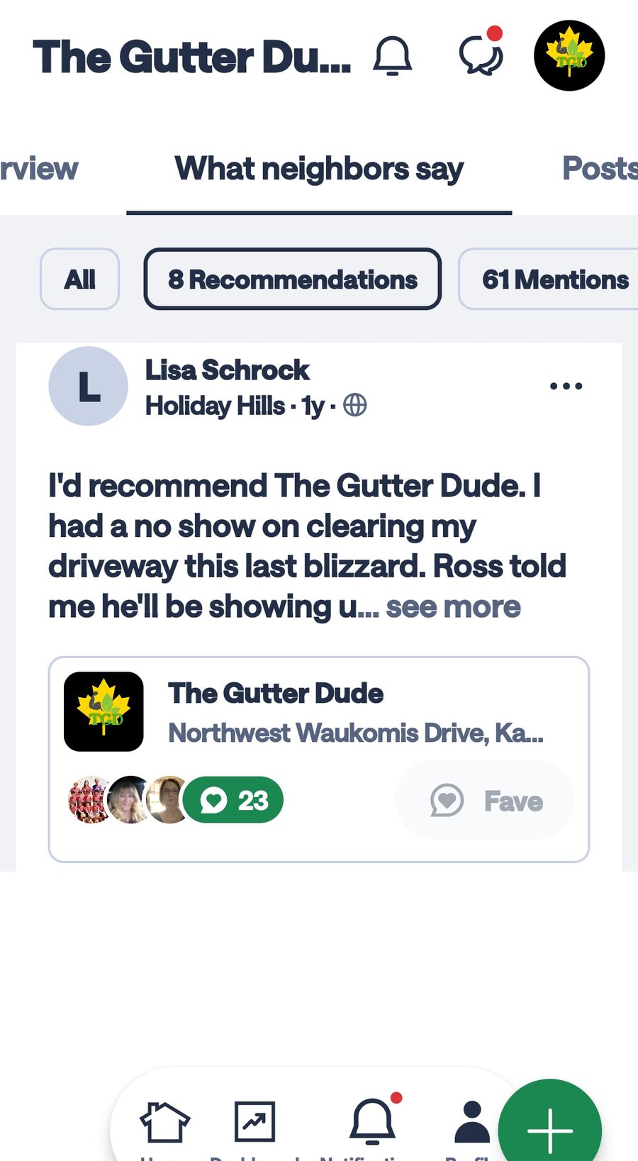 Nextdoor recommendation for The Gutter Dude