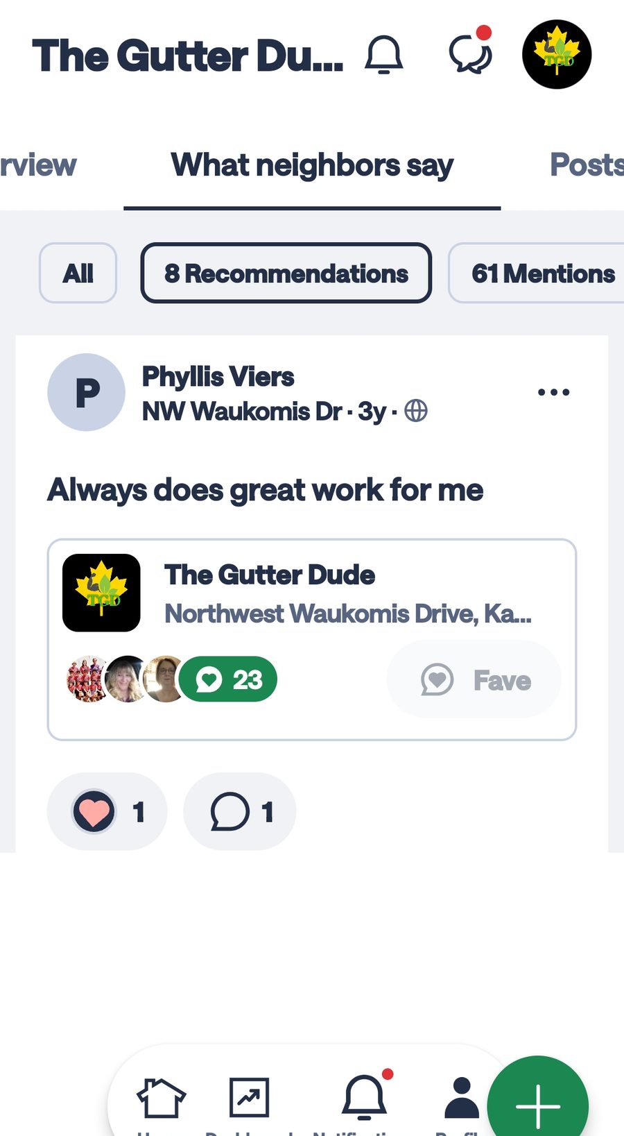 Nextdoor recommendation for The Gutter Dude